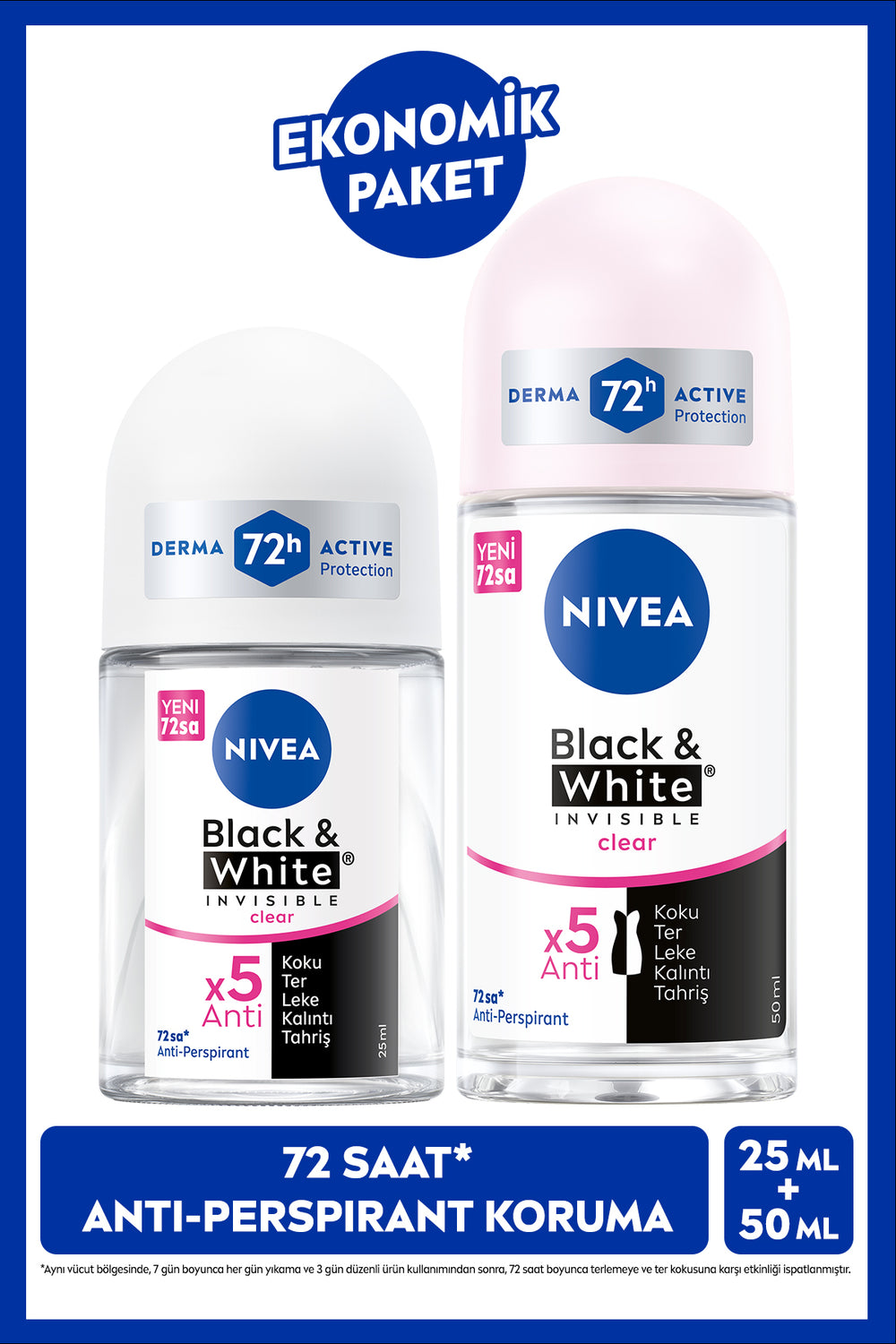 Nivea Women's Roll-on Deodorant Black&White Invisible Clear 50ml and Mini Roll-on 25ml, Anti-perspirant Protection