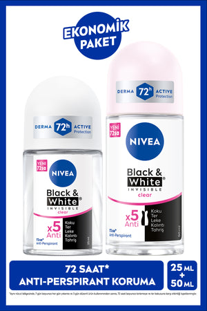 Nivea Women's Roll-on Deodorant Black&White Invisible Clear 50ml and Mini Roll-on 25ml, Anti-perspirant Protection