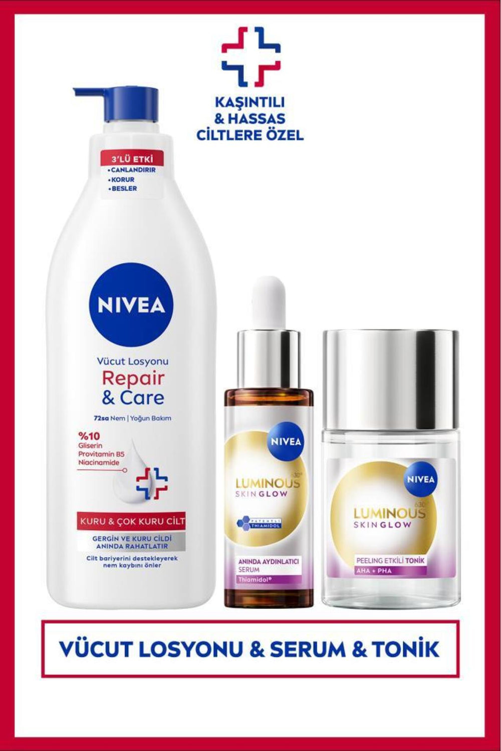 Nivea Brightening and Moisturizing Skin Care Set, Serum 30ml, Tonic 100ml and Body Lotion 400ml