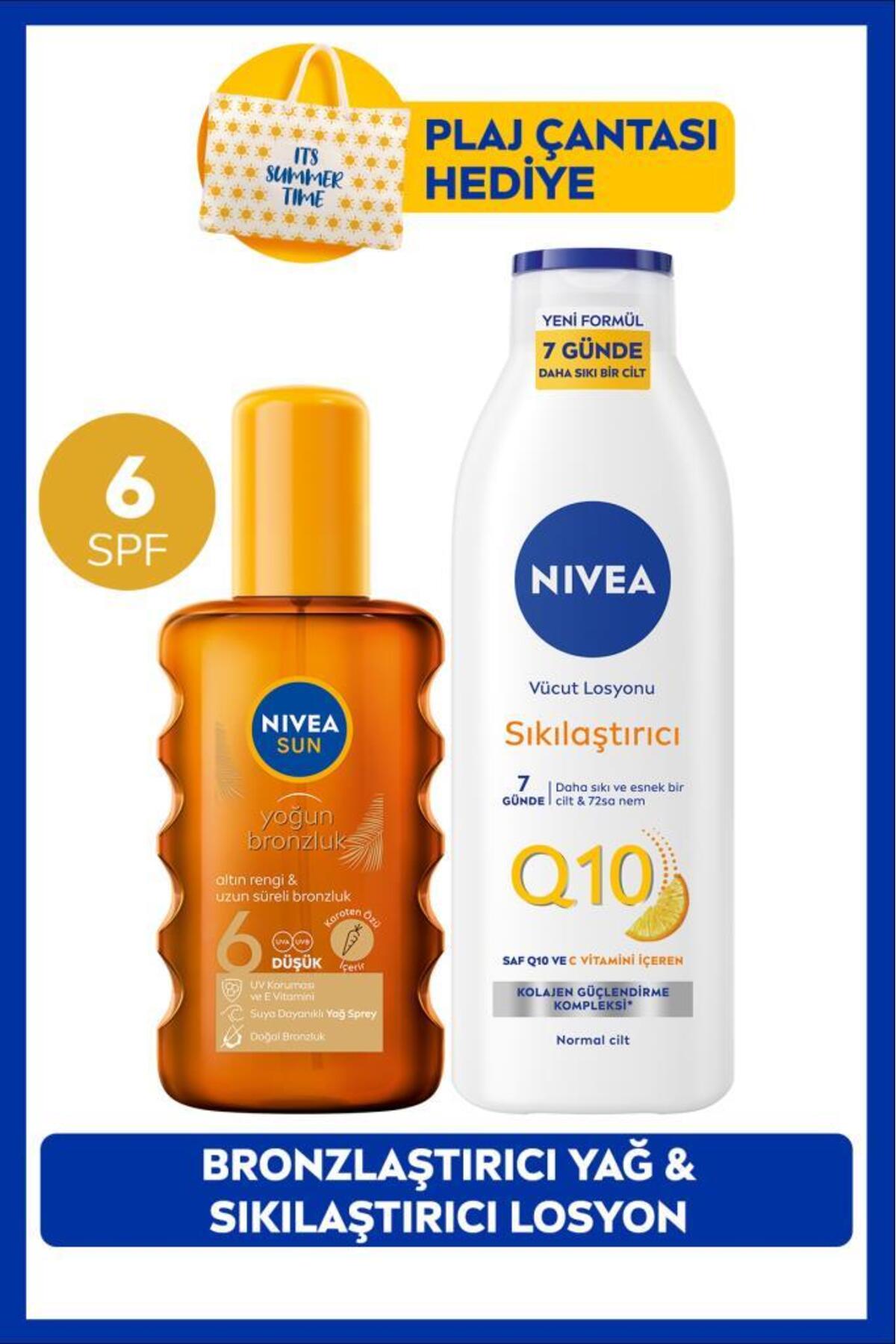 Nivea SUN SPF6 Bronzing Sun Oil 200ml and Q10 Firming Body Lotion, Beach Bag Gift