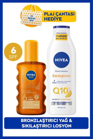 Nivea SUN SPF6 Bronzing Sun Oil 200ml and Q10 Firming Body Lotion, Beach Bag Gift