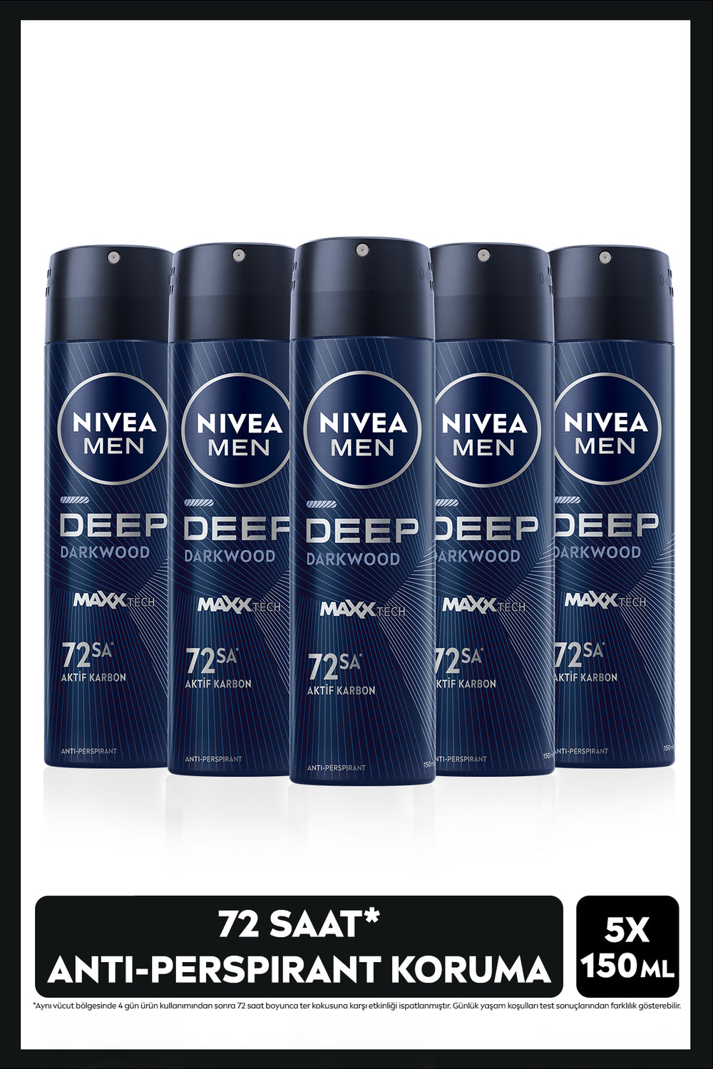Nivea MEN Men's Spray Deodorant Deep Dimension Darkwood 150ml, 72 Hours Anti-perspirant Sweat Protection, X5Pcs