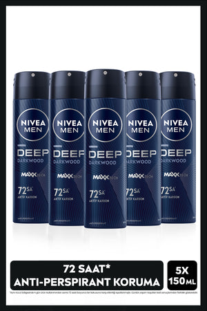 Nivea MEN Men's Spray Deodorant Deep Dimension Darkwood 150ml, 72 Hours Anti-perspirant Sweat Protection, X5Pcs