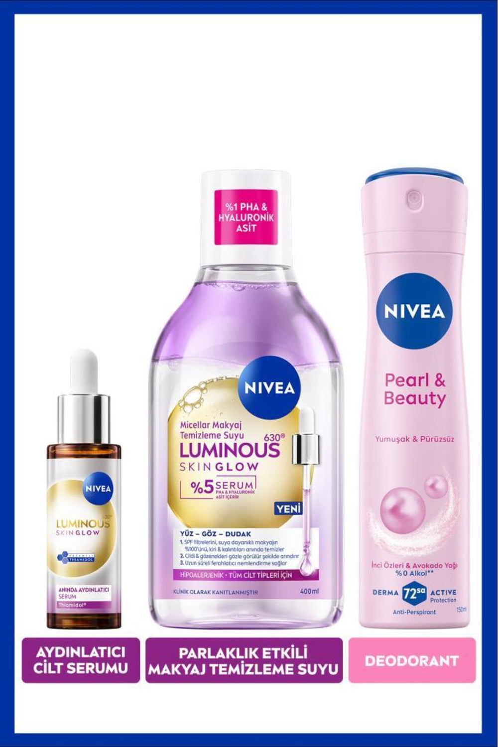 Nivea Skin Glow Brightening Serum 30ml, Micellar Make-up Cleansing Water 400ml and Spray Deodorant