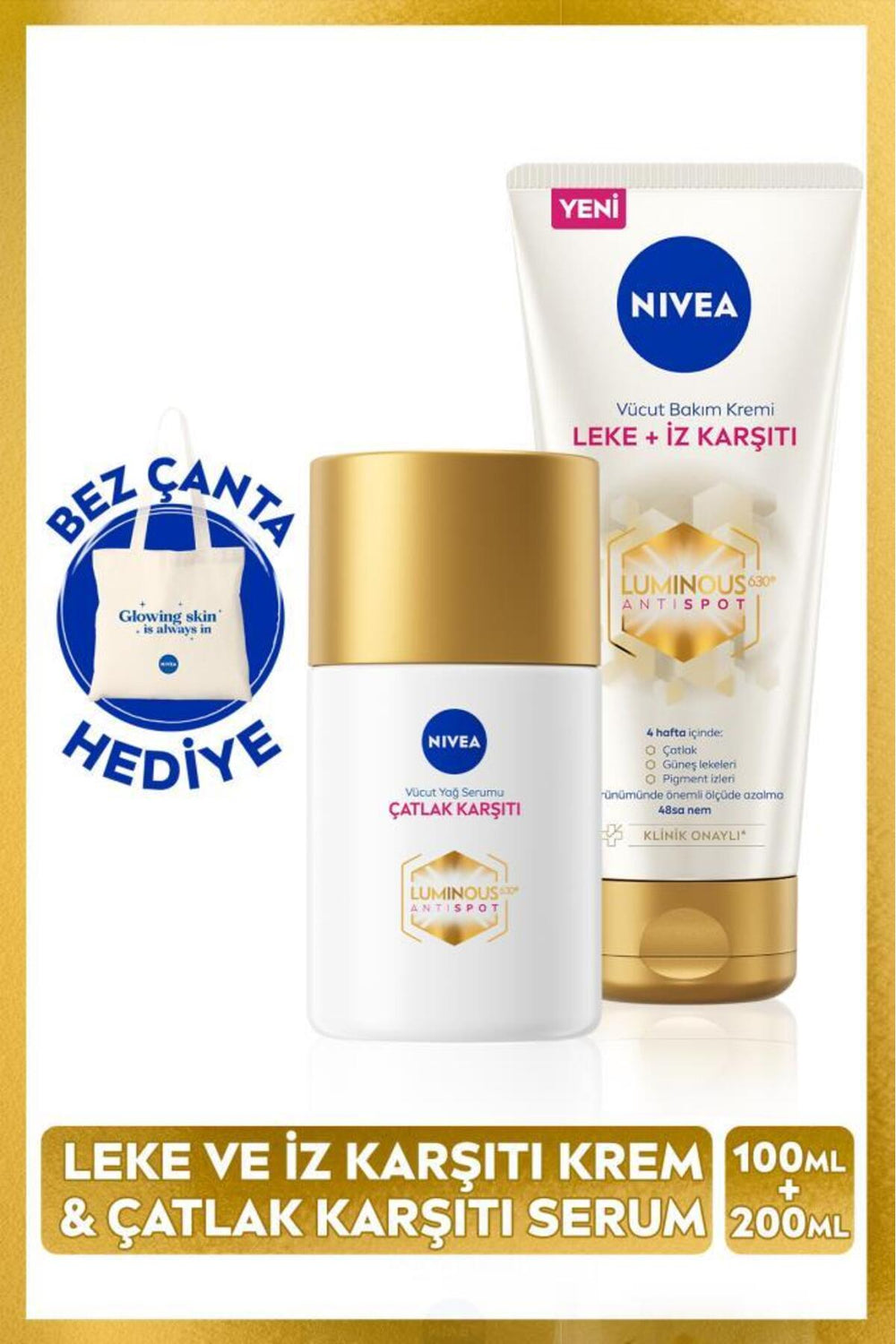 Nivea Luminous630 Anti Stretch Mark Body Oil Serum 100ml and Anti Blemish Mark Body Cream 200ml, Bag Gift