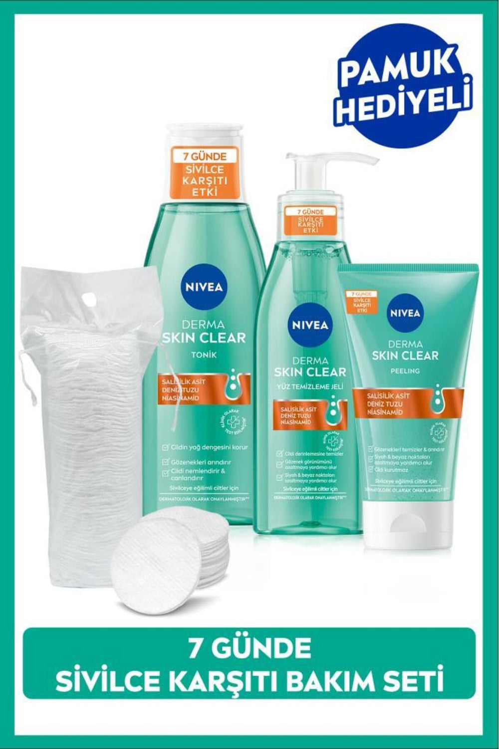 Nivea Derma Skin Clear Anti Facial Cleansing Gel 150ml, Tonic 200ml, Peeling 150ml, Cotton Gift