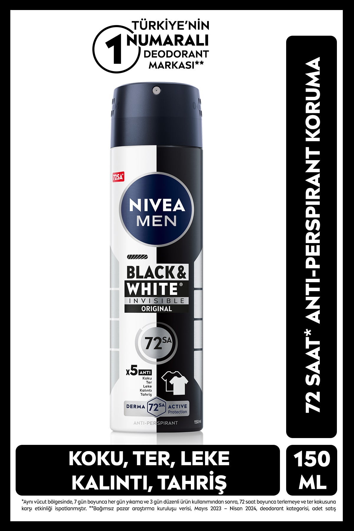 Nivea MEN Men's Spray Deodorant Black&White Invisible Original, 72 Hours Anti-perspirant Sweat Protection, Alcohol-free