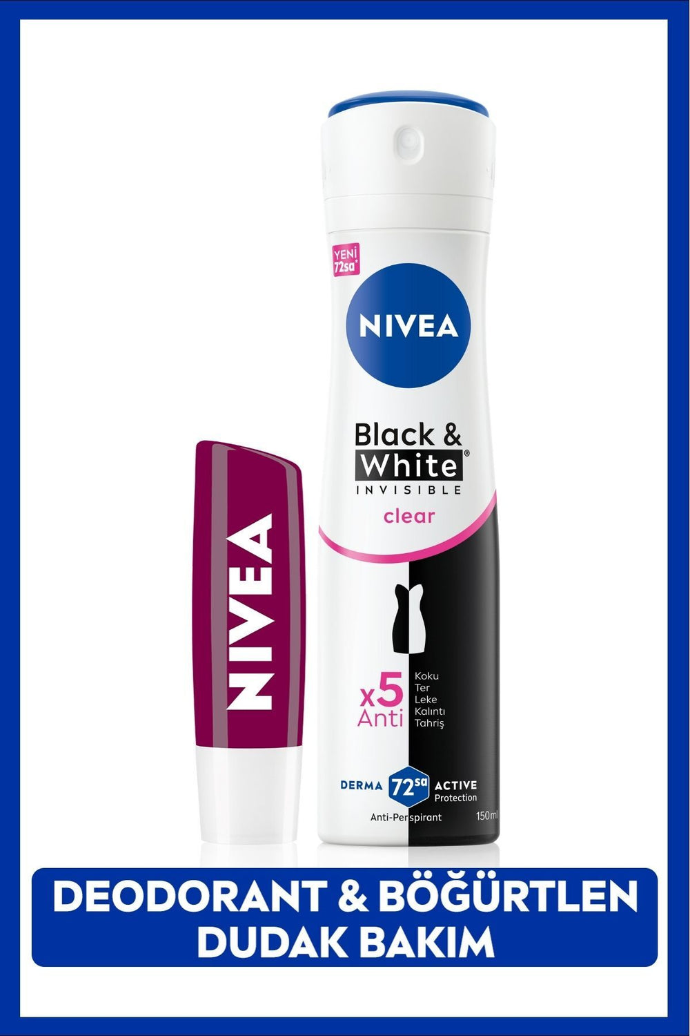 Nivea Blackberry Colored Moisturizing Lip Care Cream and Women's Spray Deodorant Black&White Clear 150ml