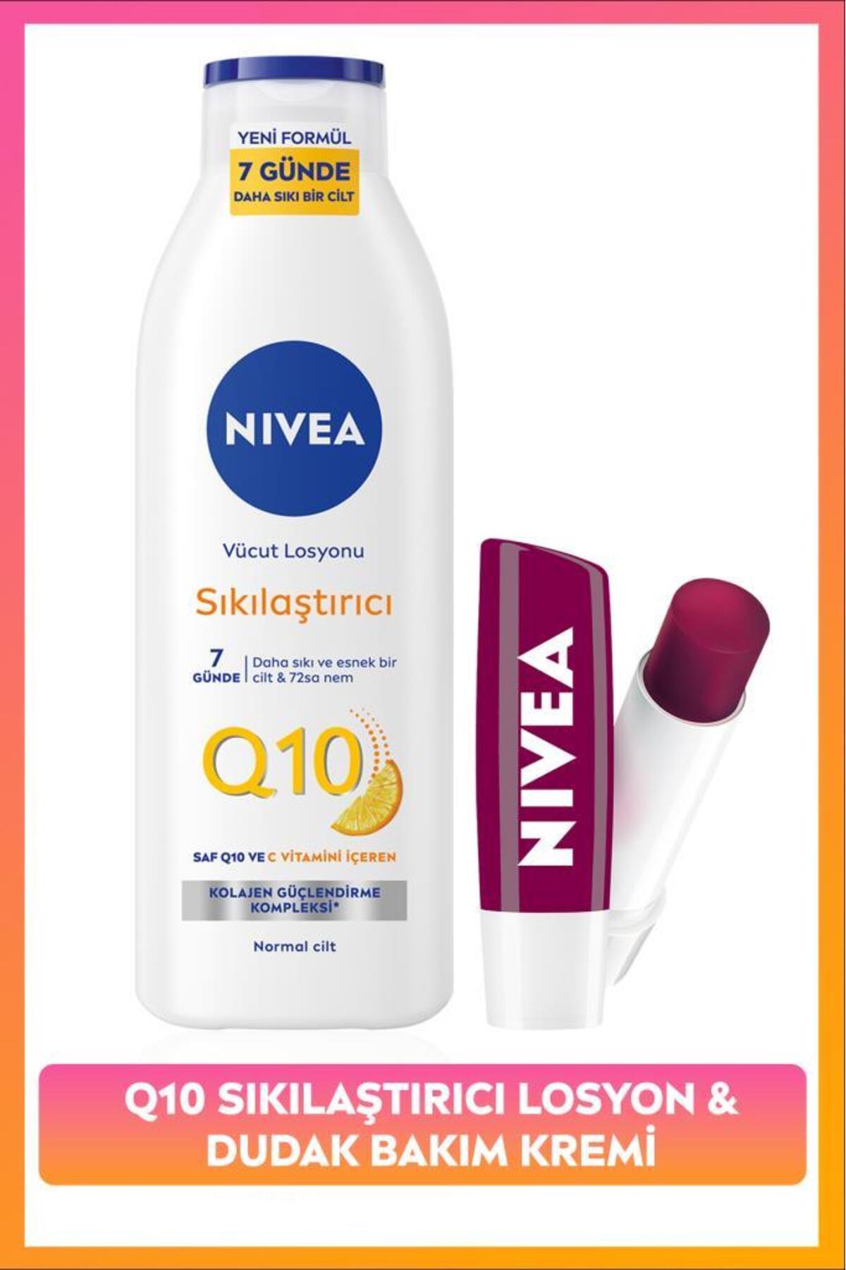 Nivea Q10 Firming Vitamin C Body Lotion 250ml and Moisturizing Blackberry Lip Care Cream