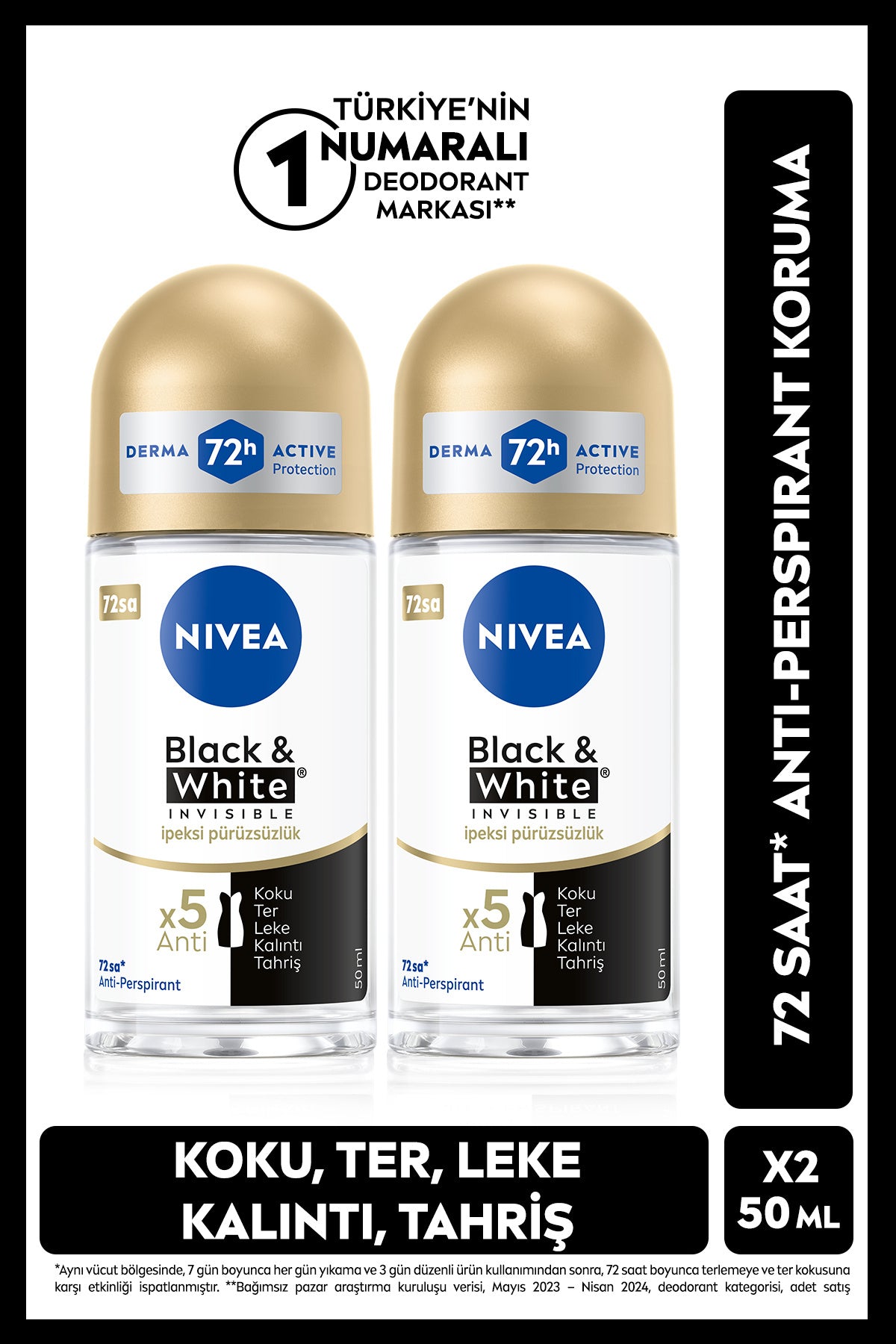 Nivea Women's Roll-on Deodorant Black&White Invisible Silky Smoothness 50ml, 72 Hours Protection, X2 Pieces