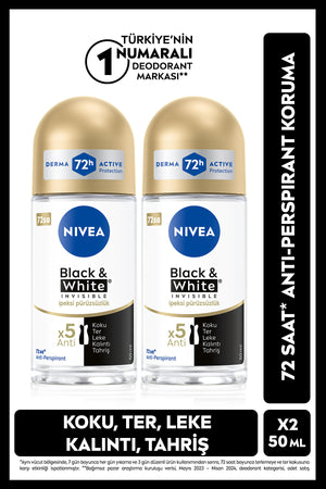 Nivea Women's Roll-on Deodorant Black&White Invisible Silky Smoothness 50ml, 72 Hours Protection, X2 Pieces