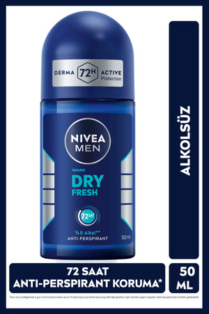 Nivea MEN Men's Roll-on Deodorant Dry Fresh 50ml, 72 Hours Anti-perspirant Sweat Protection, Alcohol-Free