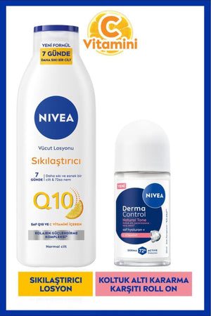 Nivea Q10 Firming Body Lotion 250ml and Women's Roll-on Deodorant Derma Control Natural Tone 50ml