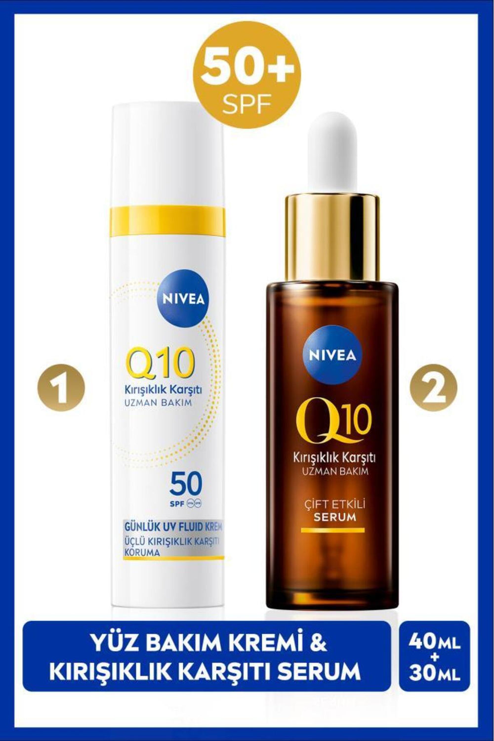 Nivea Q10 SPF50 Sunscreen Face Care Cream 40ml and Anti-Wrinkle Double Effect Skin Serum 30ml
