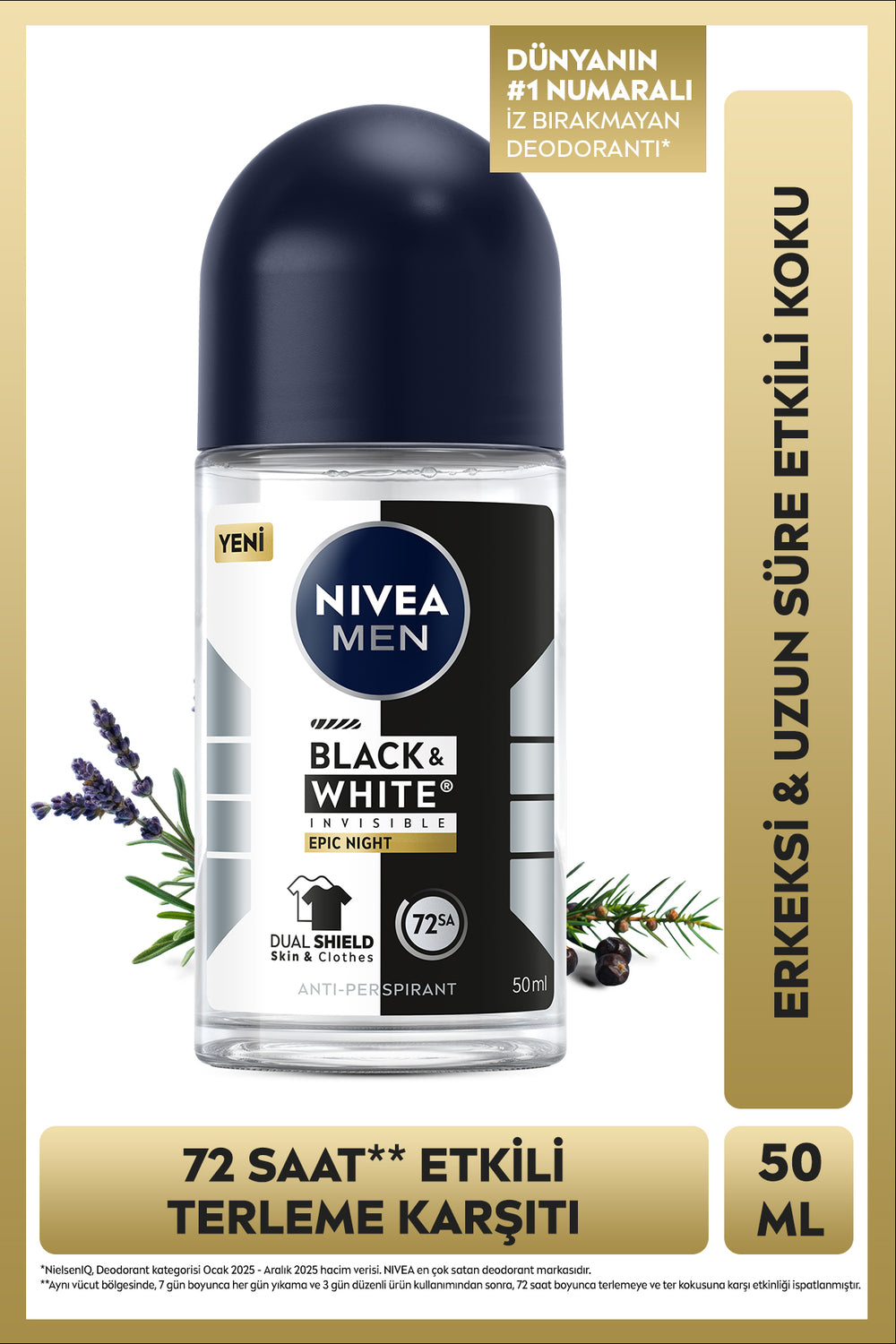 Nivea MEN Men's Roll-on Deodorant Black&White Epic Night 50 ml, Anti-Sweat, Fabric Protection, Alcohol-free