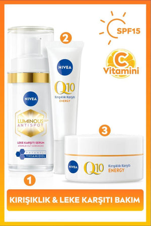 Nivea SPF15 Q10 Energy Day Cream 50ml, Luminous630 Thiamidol Effective Anti-Blemish Serum 30ml and Eye Cream