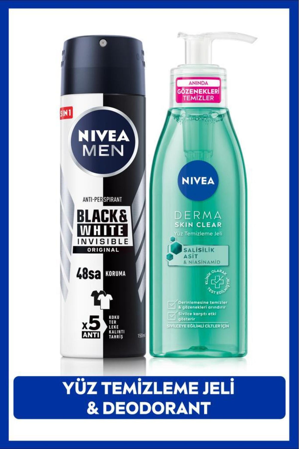 Nivea Derma Skin Clear Anti Facial Cleansing Gel 150ml, Men's Spray Deodorant Black&white 150ml