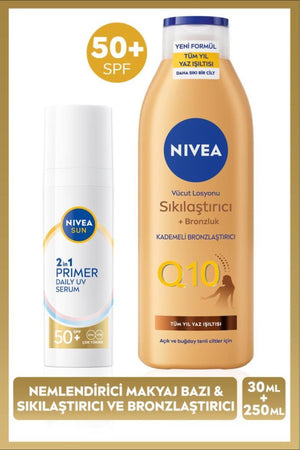 Nivea SUN SPF50 Sunscreen Moisturizing Make-up Base 30ml and Firming Tan Body Lotion 250ml