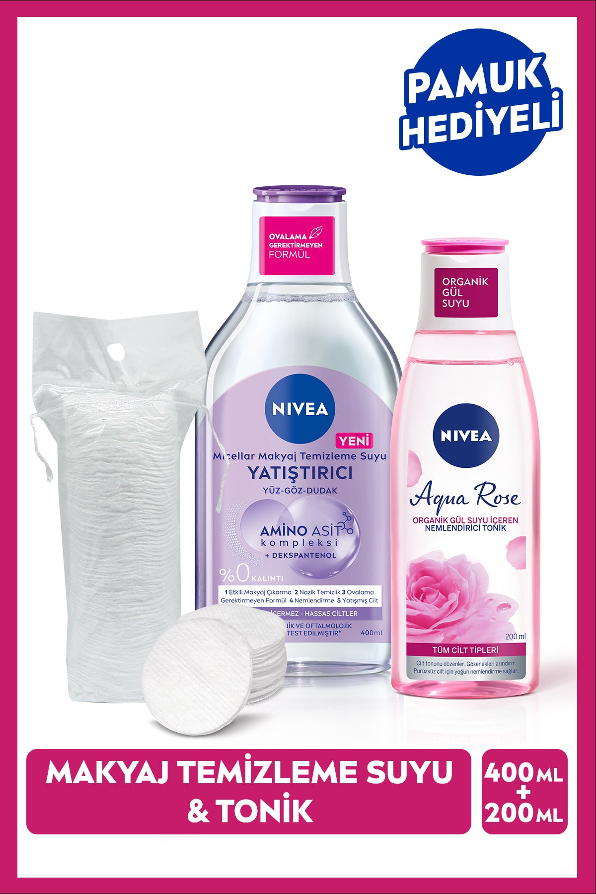 Nivea Soothing Micellar Make-up Cleansing Water and Aqua Rose Tonic 200ml, Dowry Set with Cotton Gift