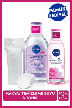 Nivea Soothing Micellar Make-up Cleansing Water and Aqua Rose Tonic 200ml, Dowry Set with Cotton Gift