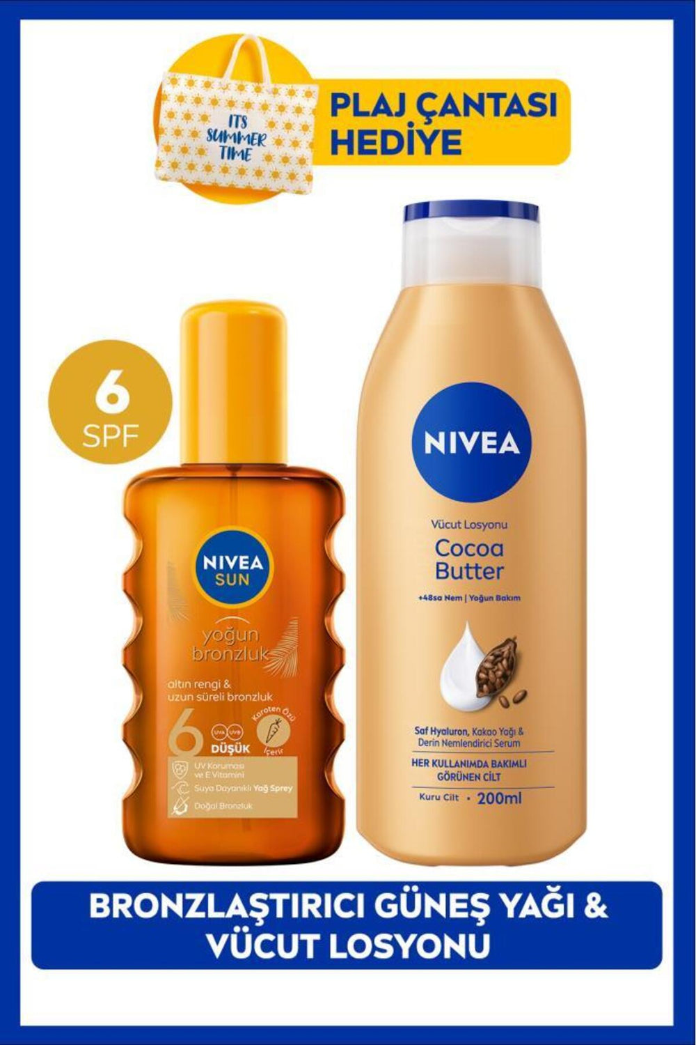 Nivea SUN SPF6 Bronzing Sun Oil 200ml and Q10 Bronzing Body Lotion 250ml, Gift Bag