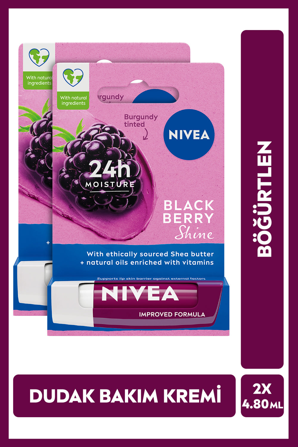 Nivea Blackberry Lip Care Cream and Shine 4.8gr, Moisturizing, Light Burgundy Shimmer, X2 Pieces
