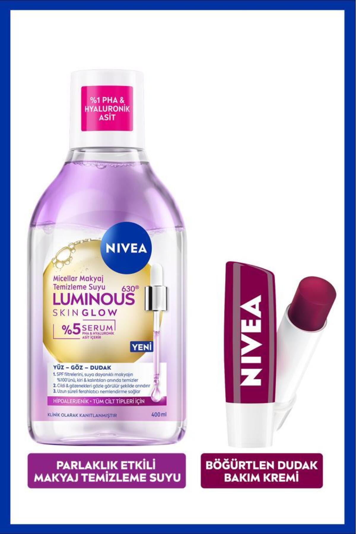 Nivea Luminous630 Skin Glow Shine Effect Micellar Makeup Cleansing Water and Blackberry Lip Care Cream