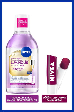 Nivea Luminous630 Skin Glow Shine Effect Micellar Makeup Cleansing Water and Blackberry Lip Care Cream