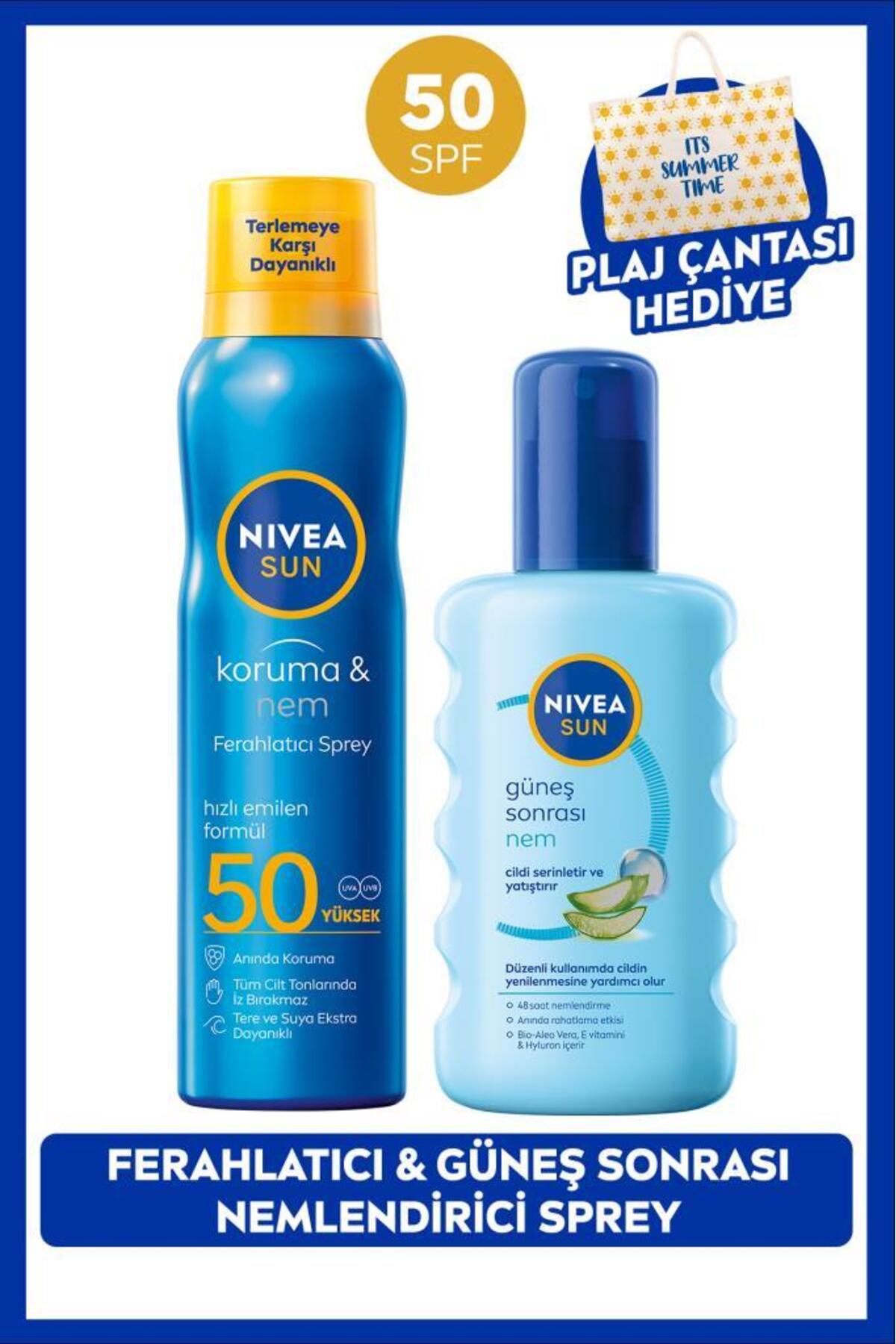Nivea SUN SPF50 Sunscreen Spray 200ml and After Sun Moisturizing Body Spray, Beach Bag Gift