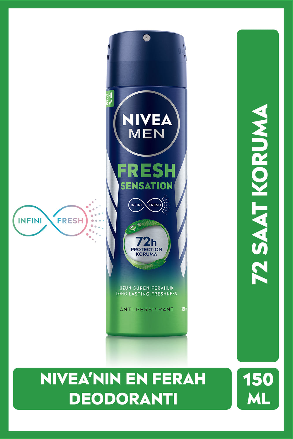 Nivea MEN Men's Spray Deodorant Fresh Sensation 150ml, 72 Hours Anti-perspirant, Freshness All Day Long