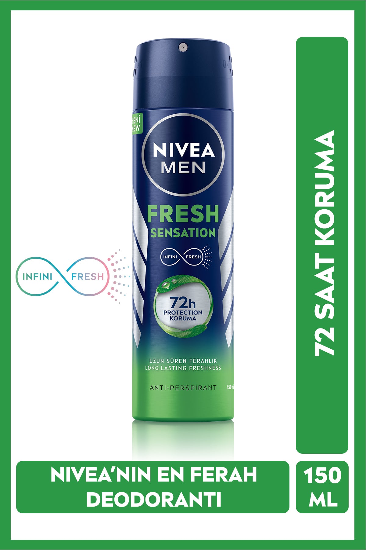 Nivea MEN Men's Spray Deodorant Fresh Sensation 150ml, 72 Hours Anti-perspirant, Freshness All Day Long