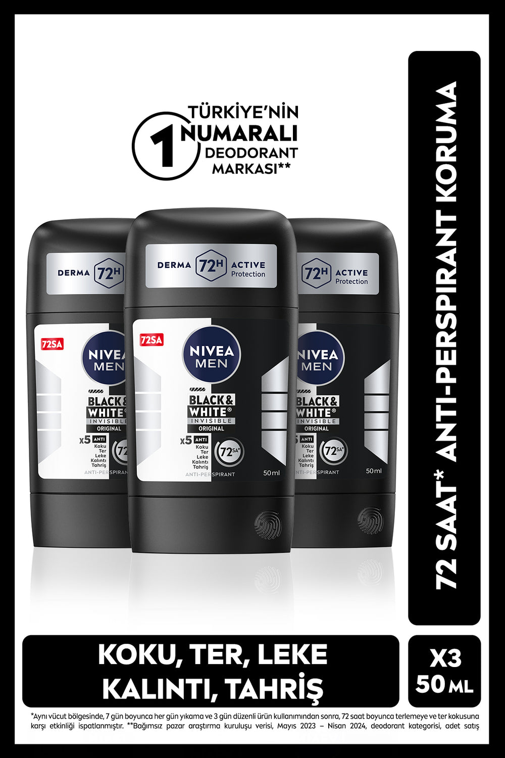 Nivea MEN Men's Stick Deodorant Black&white Original 50ml, 72 Hours Anti-Perspirant Protection, X3 Pieces