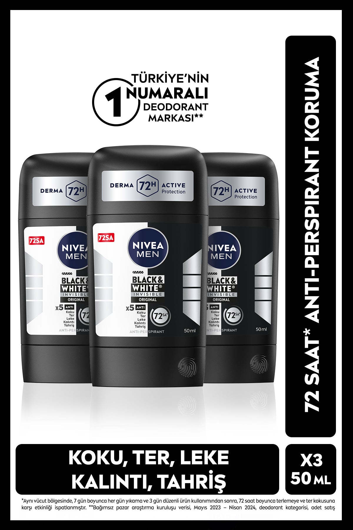 Nivea MEN Men's Stick Deodorant Black&white Original 50ml, 72 Hours Anti-Perspirant Protection, X3 Pieces
