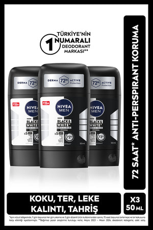 Nivea MEN Men's Stick Deodorant Black&white Original 50ml, 72 Hours Anti-Perspirant Protection, X3 Pieces