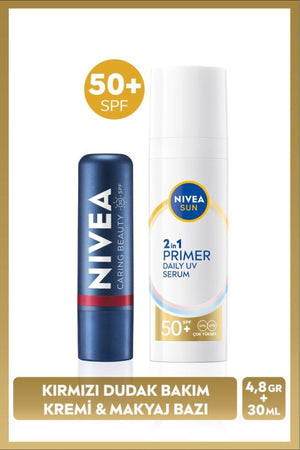 Nivea SUN SPF50 Sunscreen Primer Moisturizing Makeup Base 30ml and Red Color Moisturizing Lip Cream