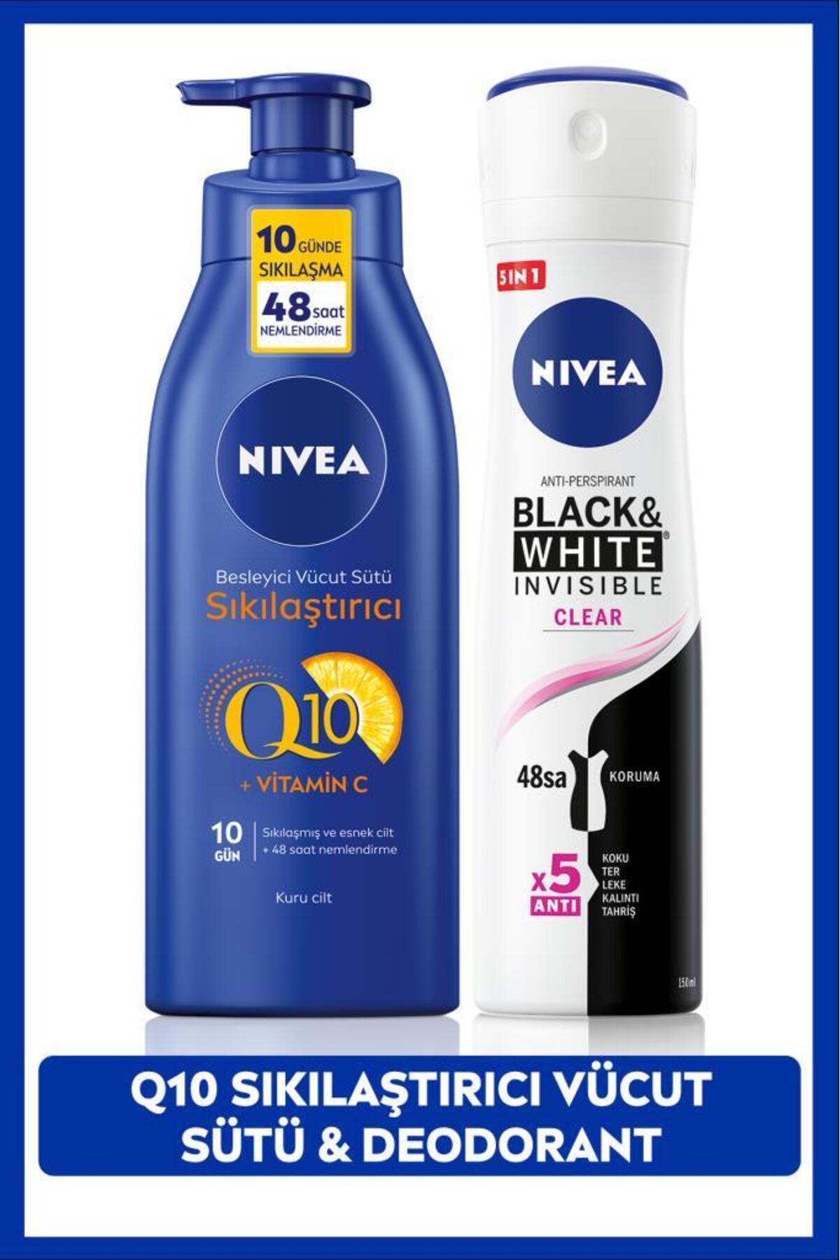 Nivea Women's Spray Deodorant Black&white Clear 150ml, Q10 Firming and Moisturizing Body Milk 400ml