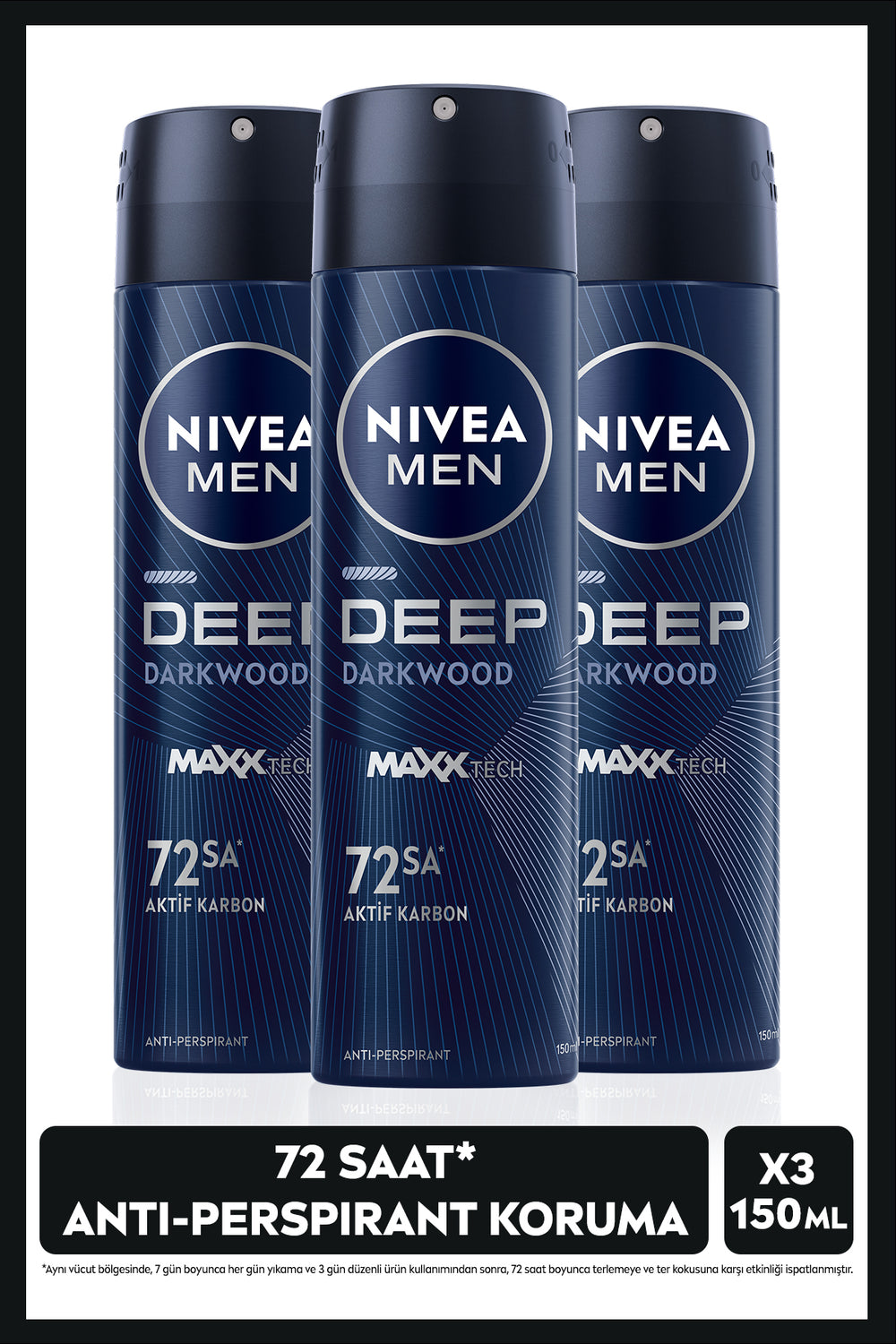 Nivea MEN Men's Spray Deodorant Deep Darkwood 150ml, 72 Hours Anti Perspirant Protection, X3 Pieces