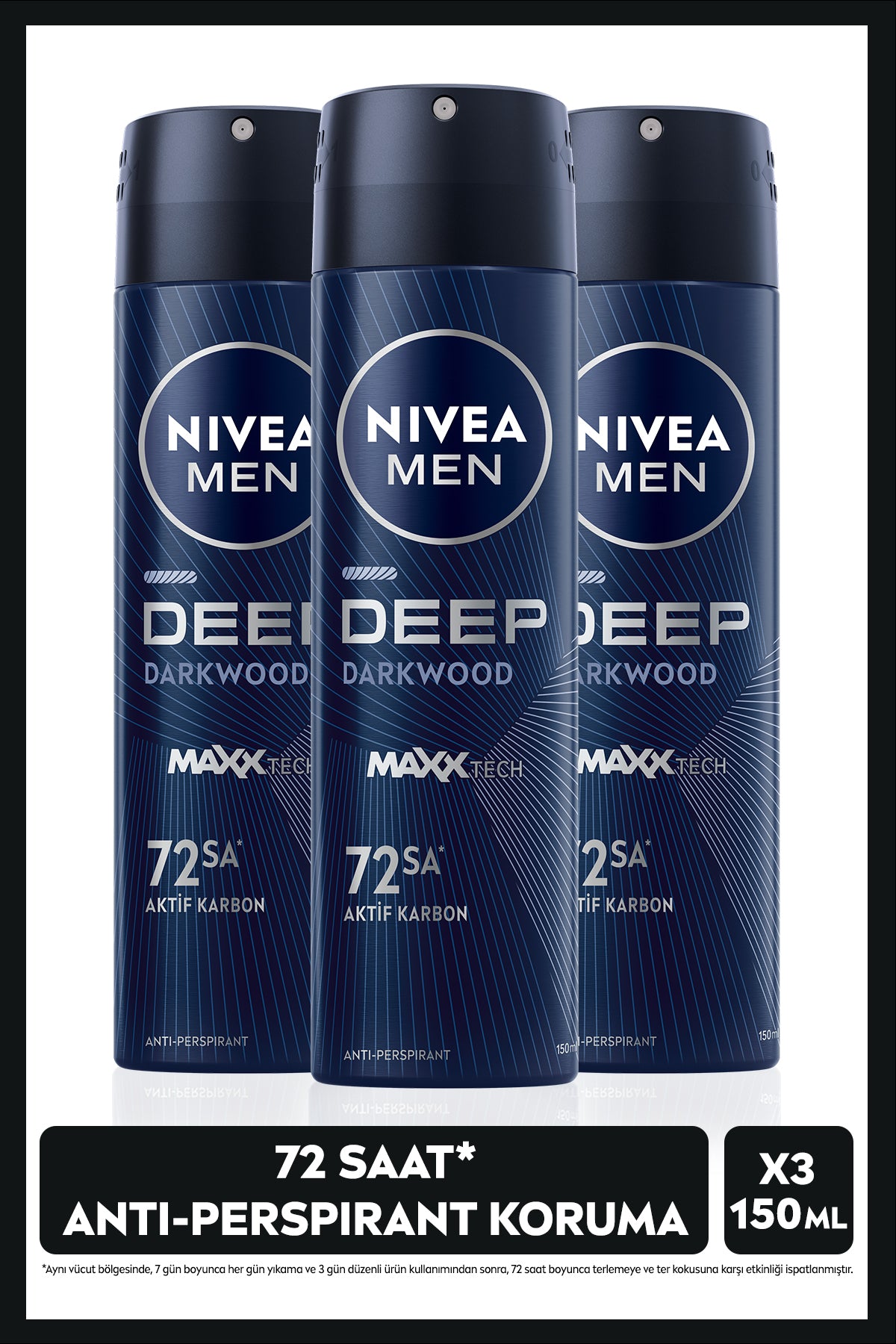 Nivea MEN Men's Spray Deodorant Deep Darkwood 150ml, 72 Hours Anti Perspirant Protection, X3 Pieces