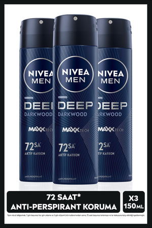 Nivea MEN Men's Spray Deodorant Deep Darkwood 150ml, 72 Hours Anti Perspirant Protection, X3 Pieces