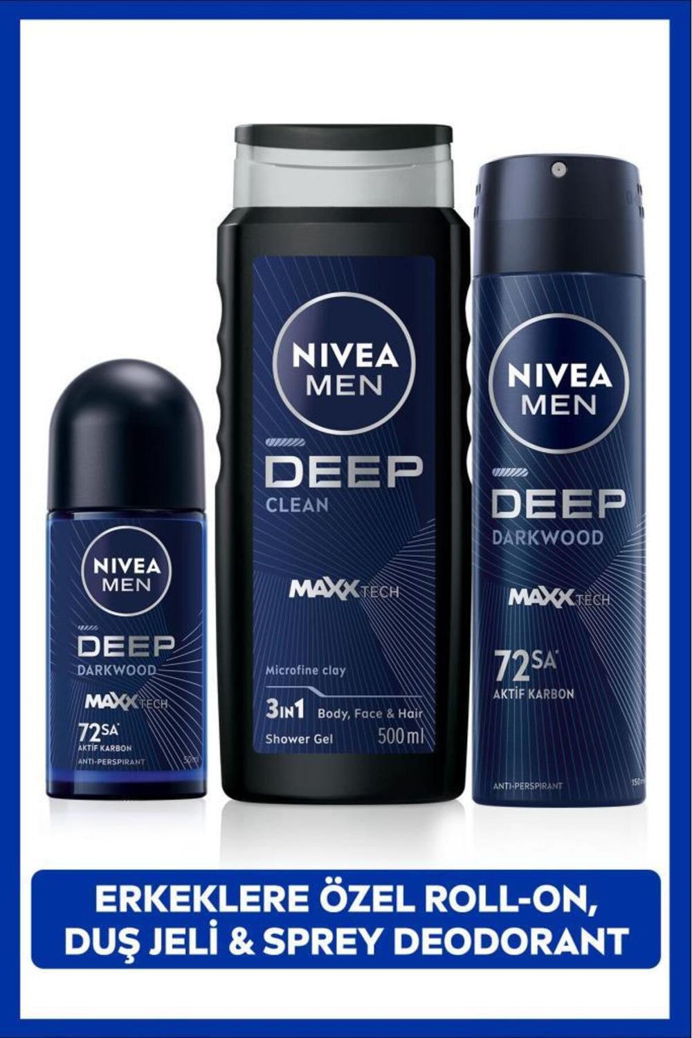 Nivea Men's Deep Dimension Shower Gel 500ml, Roll-on 50ml, Spray Deodorant 150ml, 72h Anti-perspirant