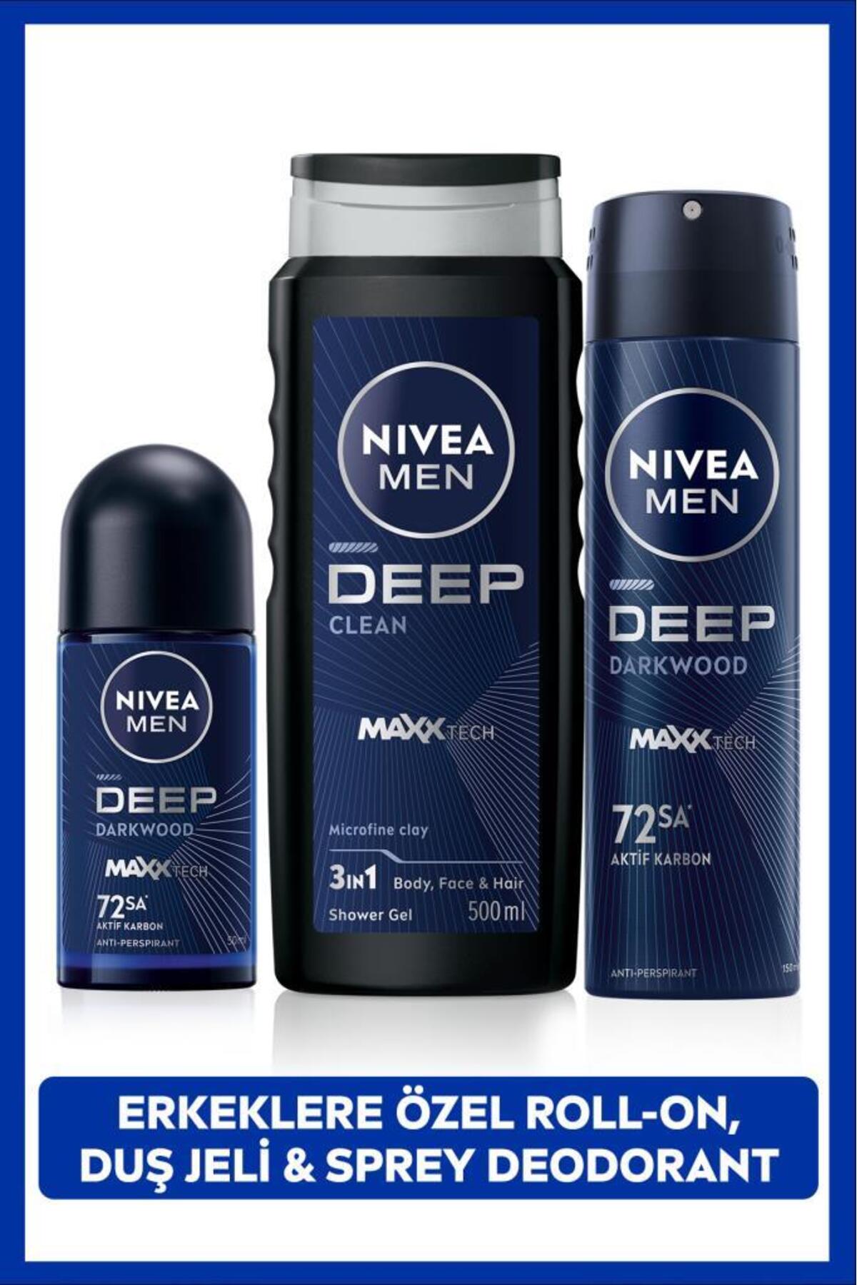 Nivea Men's Deep Dimension Shower Gel 500ml, Roll-on 50ml, Spray Deodorant 150ml, 72h Anti-perspirant