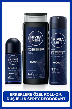 Nivea Men's Deep Dimension Shower Gel 500ml, Roll-on 50ml, Spray Deodorant 150ml, 72h Anti-perspirant