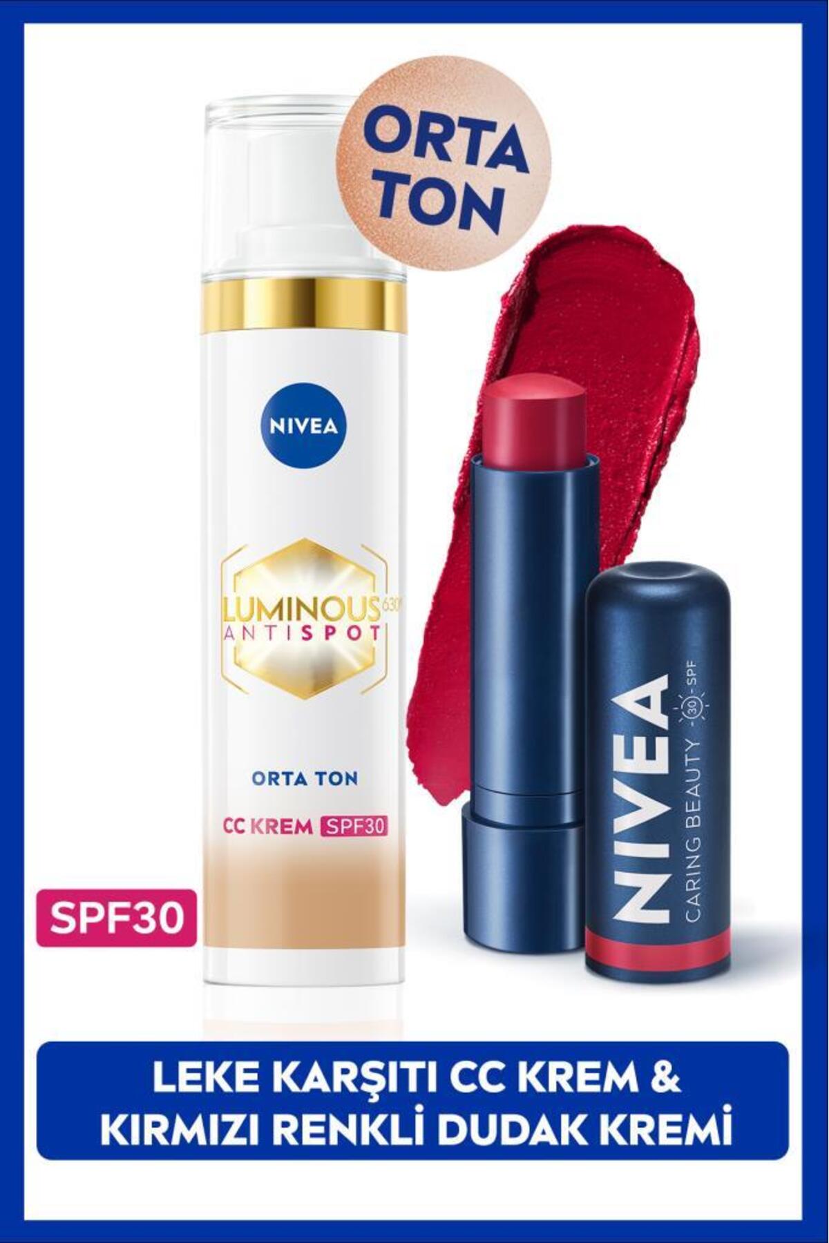 Nivea SPF30 Luminous630 Anti-Blemish CC Cream 40ml and Red Colored Moisturizing Lip Care Cream