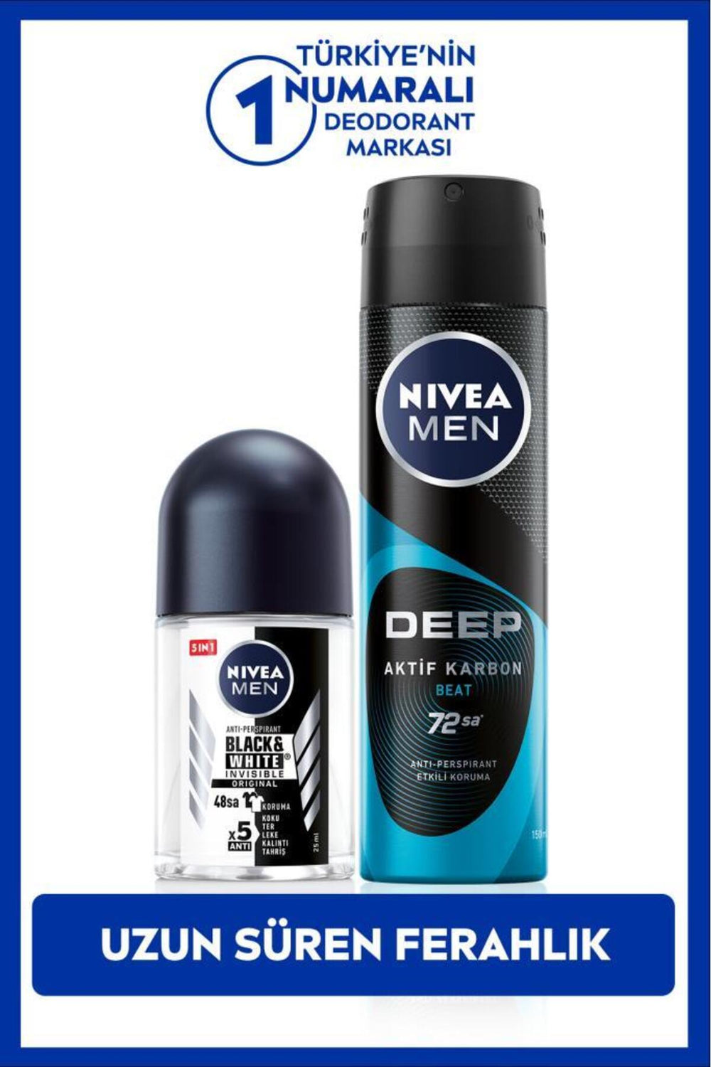Nivea MEN Men's Spray Deodorant Deep Activated Carbon 150ml and Black&White Original Mini Roll-on 25ml