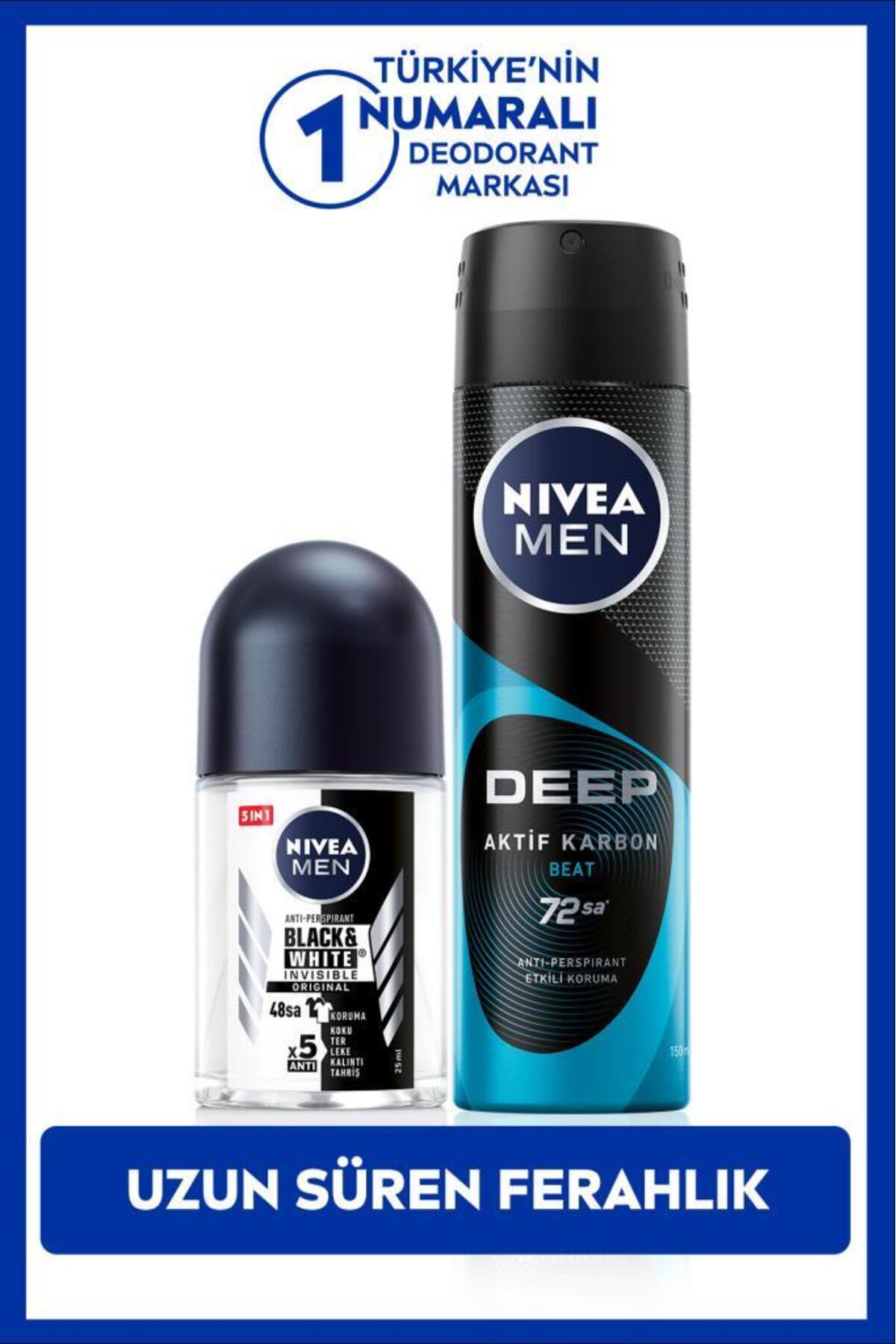 Nivea MEN Men's Spray Deodorant Deep Activated Carbon 150ml and Black&White Original Mini Roll-on 25ml