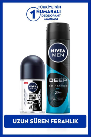 Nivea MEN Men's Spray Deodorant Deep Activated Carbon 150ml and Black&White Original Mini Roll-on 25ml