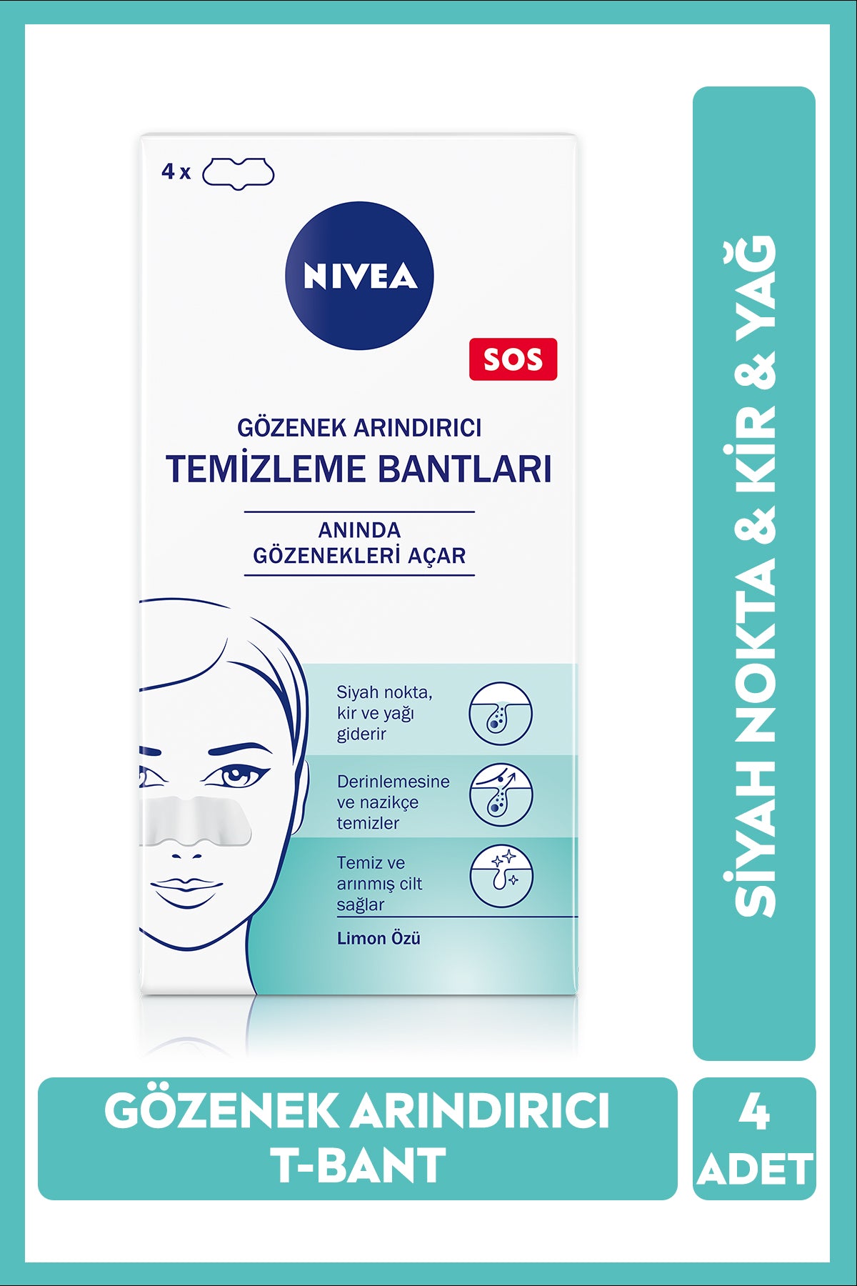 Nivea Blackhead and Pore Purifying Nose Strips 4 Pieces, T-Tape, Dirt and Oil Cleansing Face Care