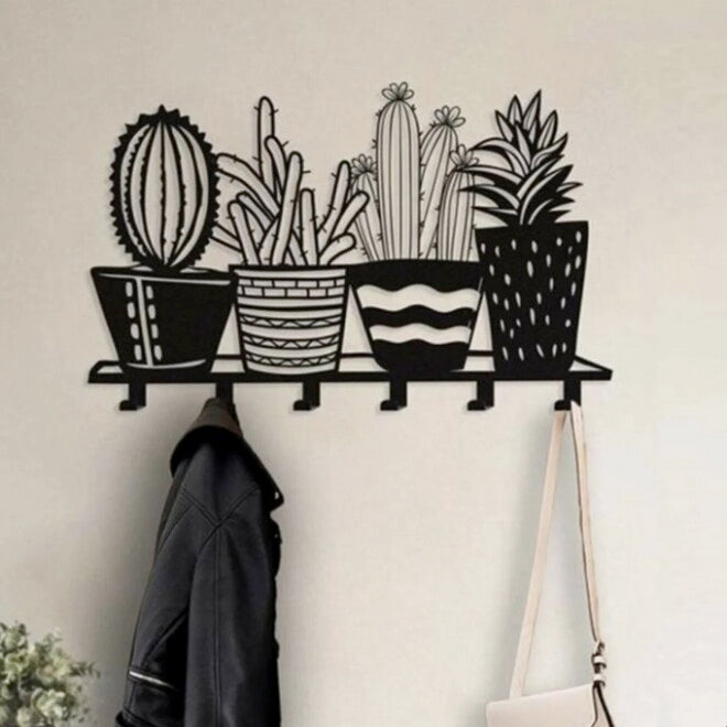 Flower Cactus Flower Pot Motif Metal Wall Hanger