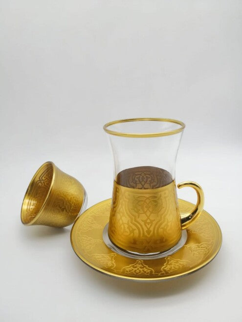 Transparent Tea Cup Set with Gold Base 18 Pieces