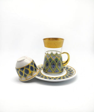 Transparent Tea Cup Set with Saucer Decorated with Elegant Blue-Gold Pattern -18 pieces
